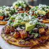 Roasted sweet potato and limey black beans make these Black Bean and Sweet Potato Tostadas.