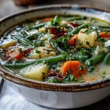 A ladle serving Amish Snow Day Soup showcases the rich, creamy texture and vibrant chunks of vegetables and herbs.