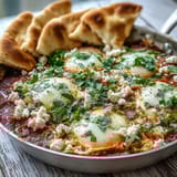 Golden-brown poached eggs simmer in a spiced tomato and pepper sauce in this Shakshuka Bowl, served with warm pita bread.
