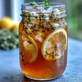 Lavender Honey Lemonade in a clear pitcher, garnished with lemon slices and lavender sprigs, glowing with golden sunlight.