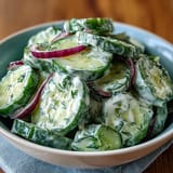 Refreshing summer salad of crisp cucumbers and red onion in creamy dill dressing
