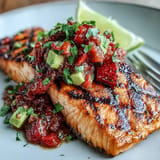 Vibrant grilled salmon fillets topped with a refreshing strawberry avocado salsa, garnished with cilantro and lime wedges for a summer-inspired seafood dish.