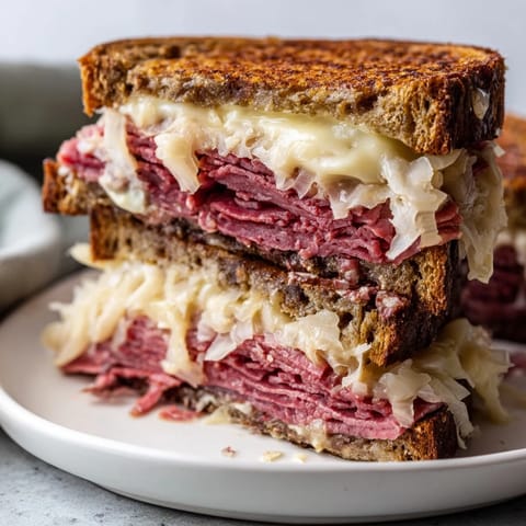Golden-brown rye bread surrounds a juicy Reuben sandwich, a classic American deli favorite recipe.
