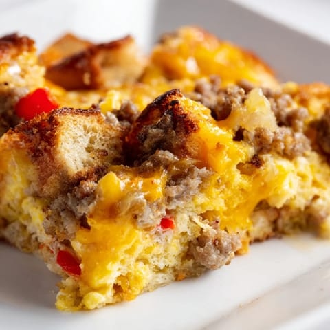 Steaming Breakfast Sausage Casserole, bubbling with cheese, ready to slice and serve for brunch.