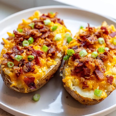 Oven-baked potato skins loaded high with melted cheddar, crumbled bacon, and vibrant green onion garnish.