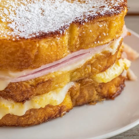 Dusting of powdered sugar on a delicious Monte Cristo sandwich, showcasing layers of ham and Swiss.