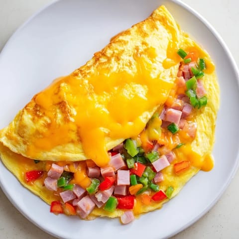 A perfectly cooked Denver Omelet, featuring colorful diced vegetables and oozing melted cheddar cheese.