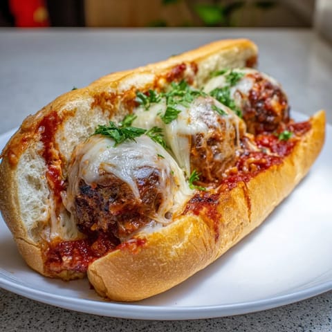 Sliced provolone melts atop a meatball sub, garnished with fresh basil, ready to eat.