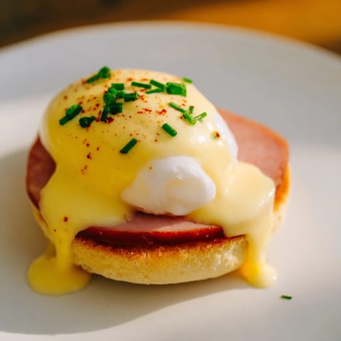 Golden-toasted English muffins supporting perfectly poached eggs, ready for the rich Eggs Benedict hollandaise.