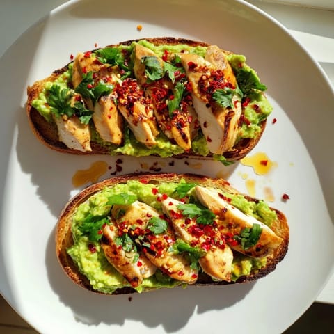 Savory-smoky grilled chicken and mashed avocado create a hearty avocado chicken toast, drizzled with honey and chili flakes.