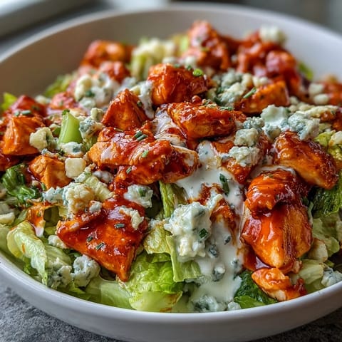 A hearty Buffalo Chicken Chopped Salad topped with crisp celery, carrots, and a drizzle of ranch.