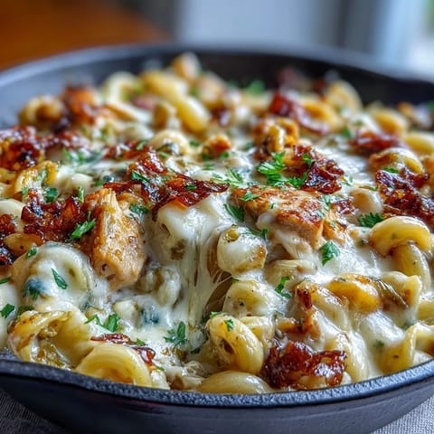 Steaming bowl of Green Chili Chicken Mac garnished with cilantro, showcasing the cheesy, mild green chile and pasta textures.  