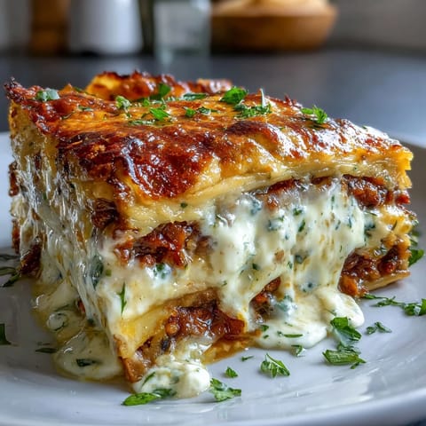 Slice of smoky veggie lentil lasagne on a plate, revealing hearty layers of lentils, mushrooms, and courgettes, garnished with fresh basil.  