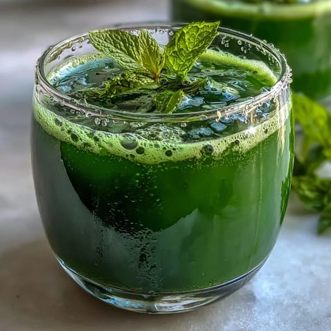 A tall glass of vibrant Celery Ginger Lemon Juice, garnished with fresh mint, rests on a sunlit kitchen counter.
