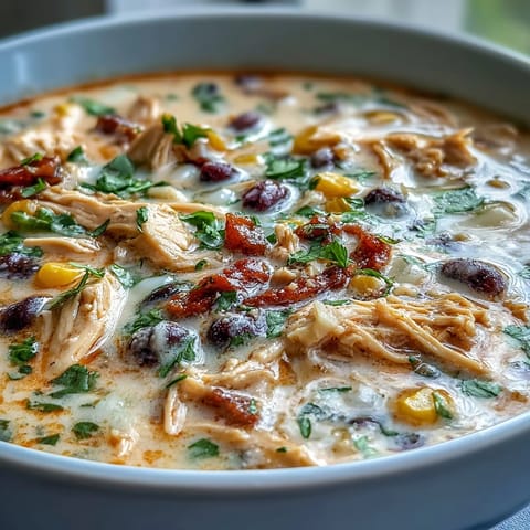 Creamy Easy Chicken Tortilla Soup with corn, black beans, and Rotel tomatoes served with lime wedges.
