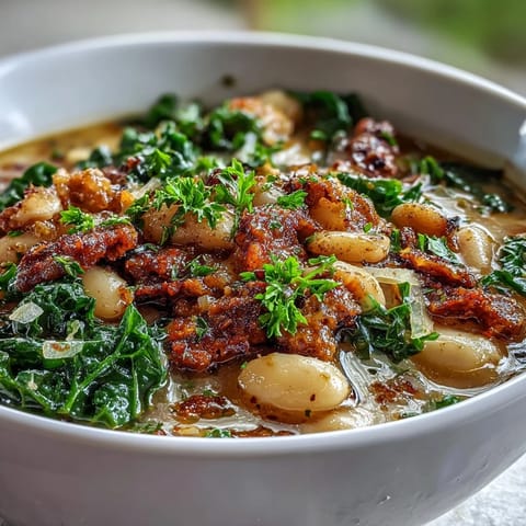 Bowl of rustic Italian White Bean Soup featuring tender kale and savory sausage. A cozy, restaurant-quality meal garnished with fresh herbs and ready to enjoy with crusty bread.