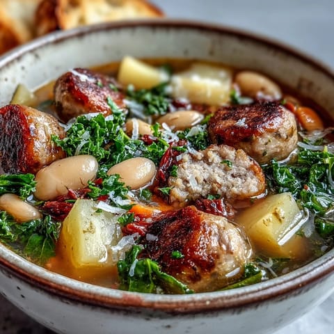 A warm bowl of Tuscan White Bean Sausage Soup, featuring crumbled Italian sausage, creamy beans, and wilted kale in a savory broth.