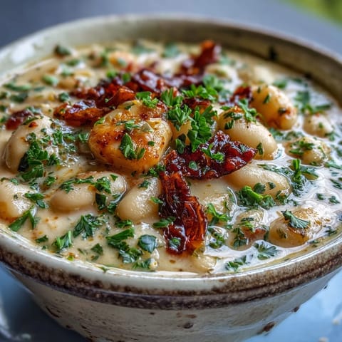 A close-up of Creamy Tuscan White Bean Soup swirled with heavy cream, featuring tender beans and vibrant sun-dried tomatoes.