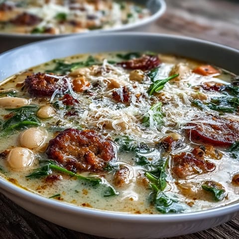 A hearty bowl of Creamy Tuscan White Bean Soup with Sausage, garnished with fresh parsley and crusty bread for dipping. 