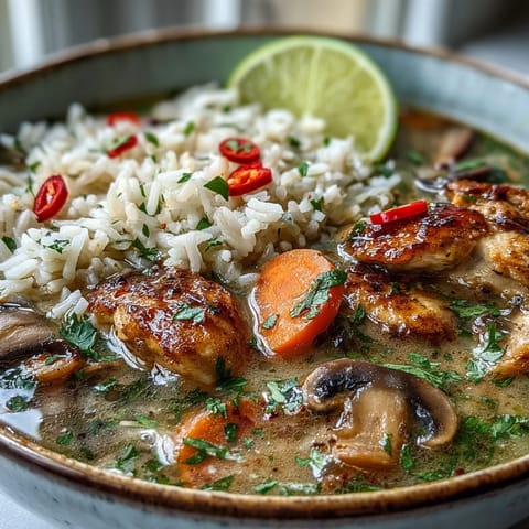 Creamy Thai Coconut Curry Soup with tender chicken thighs, mushrooms, and carrots served steaming hot with jasmine rice.