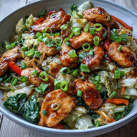 A close-up of Chicken Cabbage Stir-Fry served in a ceramic bowl, ready to be paired with steamed jasmine rice.