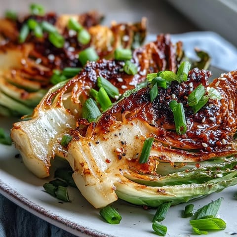 Golden-brown Miso Butter Roasted Cabbage Wedges with crispy edges served hot.