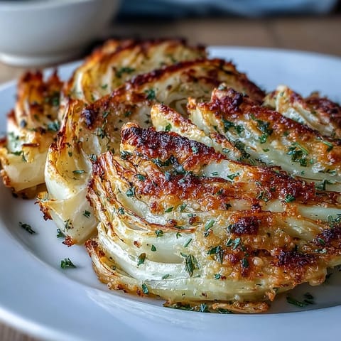 Golden-brown Roasted Garlic Parmesan Cabbage Wedges with crispy, caramelized edges are plated beside grilled chicken for a complete meal.