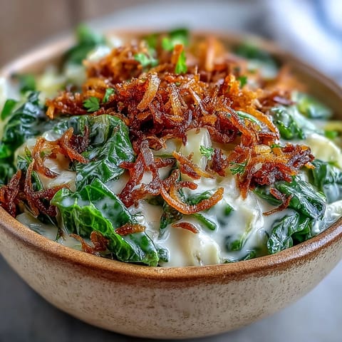 Freshly cooked Coconut Braised Cabbage with golden turmeric spices, served warm in a rustic ceramic bowl for a cozy dinner.