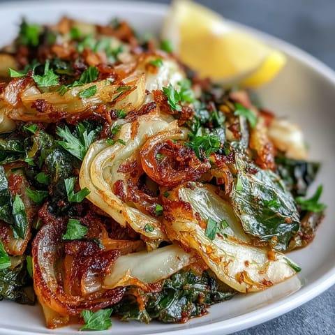 Freshly sautéed cabbage with garlic and Mediterranean spices glistening in a skillet, garnished with bright parsley and lemon wedges.