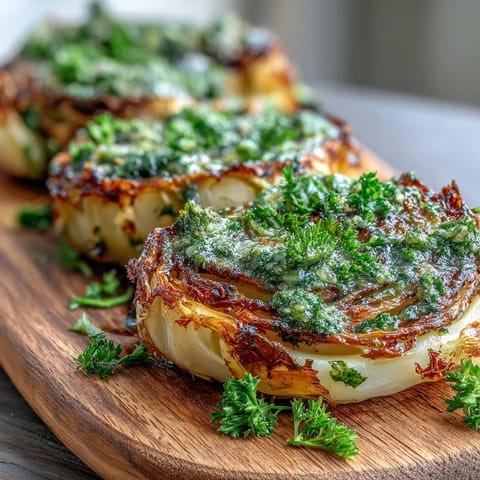 Golden roasted cabbage steaks with crispy edges, generously drizzled with bright green jalapeño chimichurri sauce.