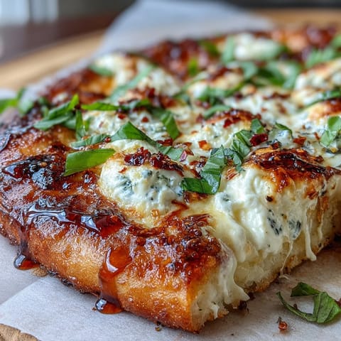 Freshly baked Hot Honey Ricotta Pizza with golden, crispy crust and bubbling mozzarella on a wooden board.