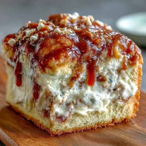 A moist slice of Caramel Cream Cheese Bread reveals a rich cream cheese filling and sweet caramel drizzle.