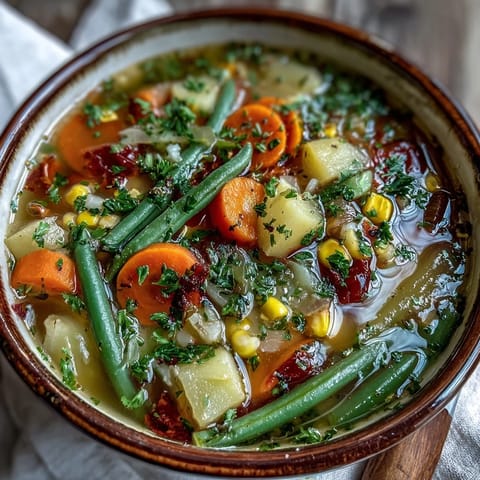 A warm bowl of Amish Snow Day Soup garnished with fresh parsley, featuring tender potatoes, carrots, and corn in a creamy broth.