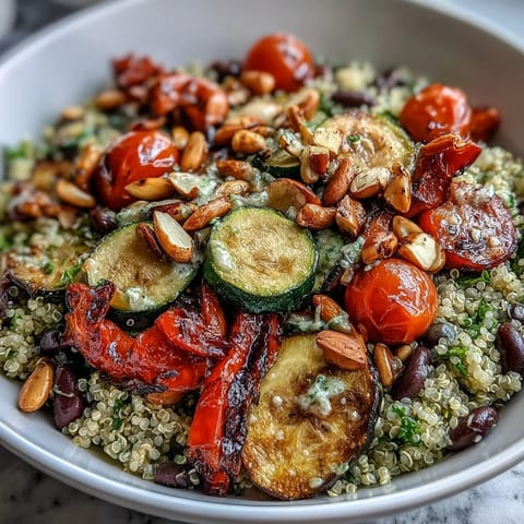Overhead view of a Veggie and Quinoa Power Bowl filled with quinoa, roasted red bell pepper, zucchini, and carrots, topped with black beans, chopped almonds, and pumpkin seeds.