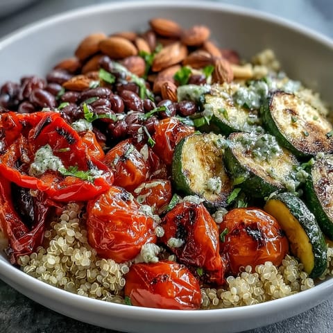 Close-up side shot of the Veggie and Quinoa Power Bowl showing roasted vegetables, fluffy quinoa, and crunchy nuts with a drizzle of zesty lemon vinaigrette.