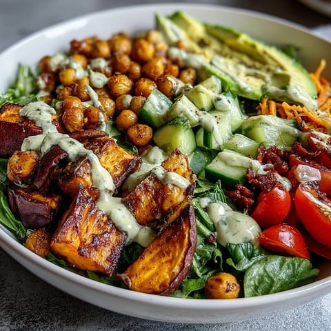 Freshly roasted sweet potatoes and crispy chickpeas top a vibrant Breakfast Buddha Bowl with creamy tahini dressing.