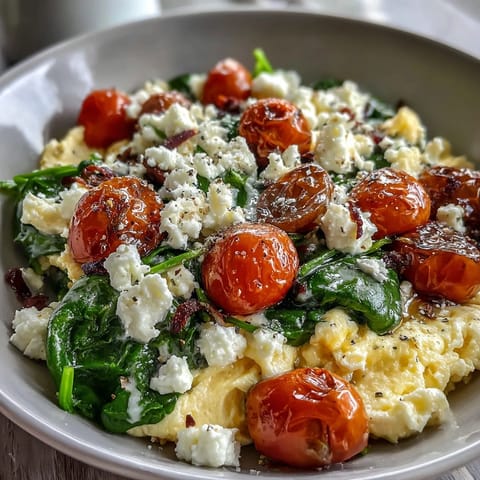 A Mediterranean-inspired Spinach and Feta Breakfast Bowl with creamy scrambled eggs and juicy tomatoes.