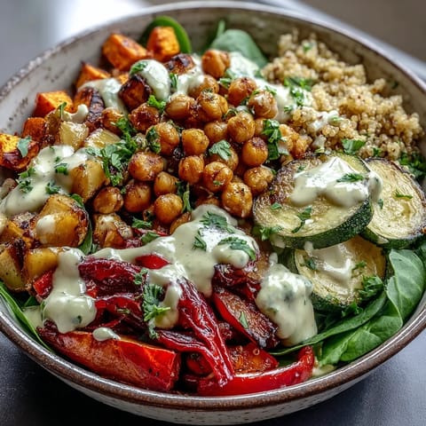 A vibrant Roasted Chickpea Power Bowl topped with roasted vegetables and drizzled with tahini dressing.