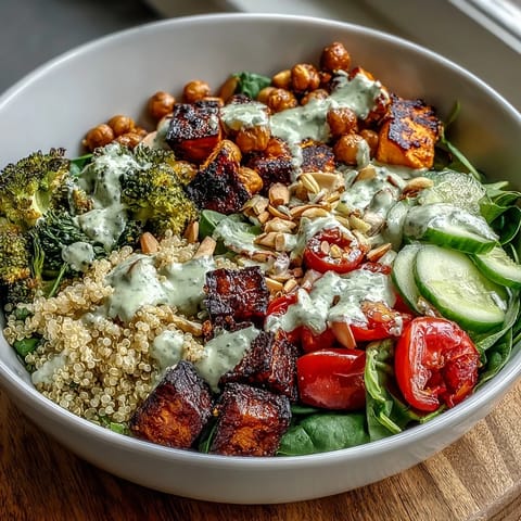 A close-up of the hearty Meal Prep Week-Long Power Bowl with chickpeas, nuts, and creamy tahini dressing.