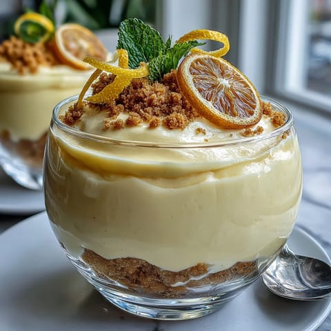 Lemon mousse cups with shortbread crumble — creamy lemon mousse over buttery shortbread crumble in elegant glasses.