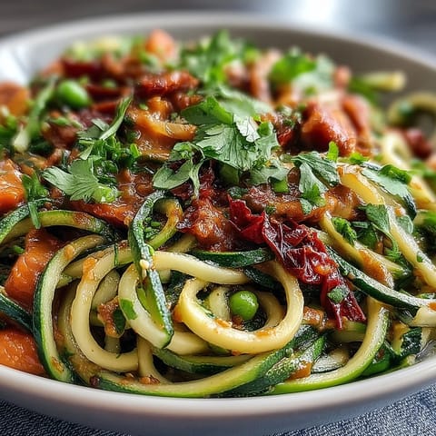 Healthy Easy Zucchini Noodle Stir-Fry with Peanut Sauce, a colorful and nutritious dish packed with crisp veggies and a creamy, tangy peanut drizzle.