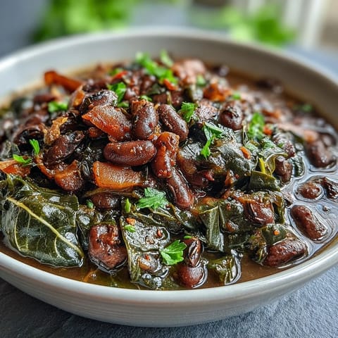 Hearty Southern black-eyed pea and collard green stew with smoky flavors and tender vegetables in a rich broth.