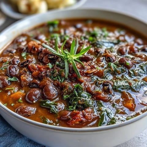 Soul food black-eyed pea and collard green stew, a comforting bowl of tender greens and hearty legumes.