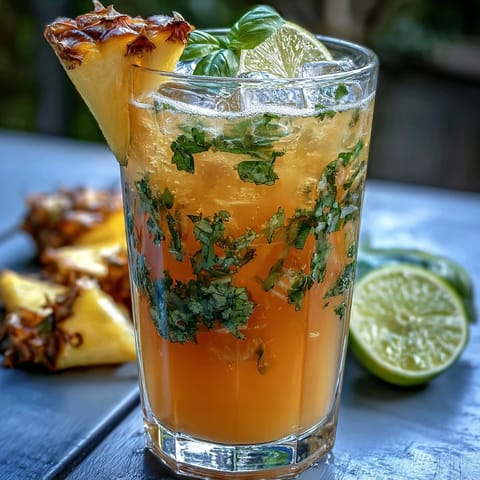 A tall glass of vibrant pineapple basil agua fresca with fresh basil leaves and lime, perfect for a hot summer day.