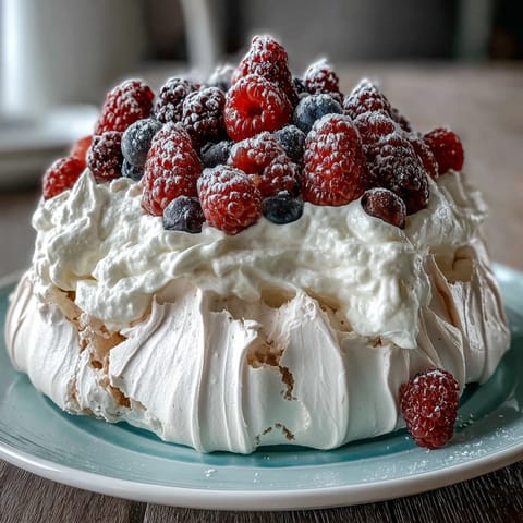 Mothers Day Pavlova with Mixed Berries: a crisp meringue shell topped with whipped cream and vibrant berries for a festive dessert.