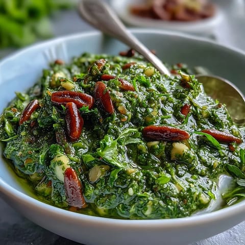 Bright green dandelion pesto with garlic and toasted pine nuts, perfect for pasta or sandwiches.