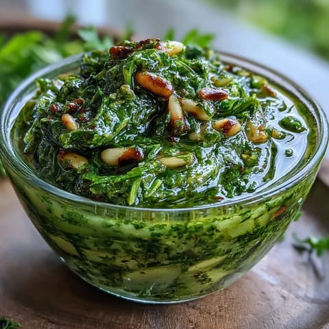 Vibrant dandelion greens blended with garlic, Parmesan, and pine nuts for a fresh, flavorful pesto.