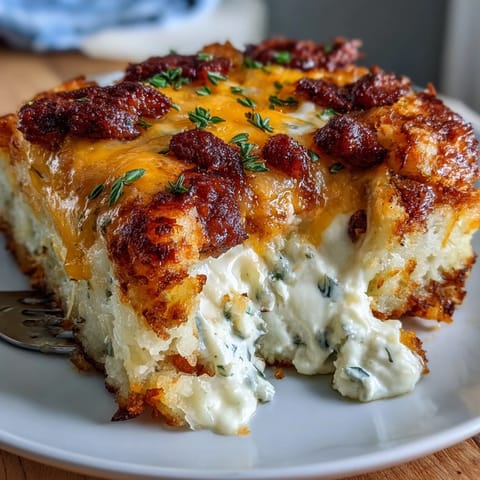 Hearty Amish breakfast casserole with crispy hash browns, sausage, and eggs baked to golden perfection.