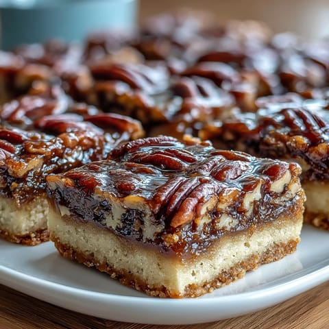 Kentucky Derby Pecan Pie Bars with Bourbon Glaze on a white plate, golden crust topped with glossy pecan filling and drizzled bourbon glaze.