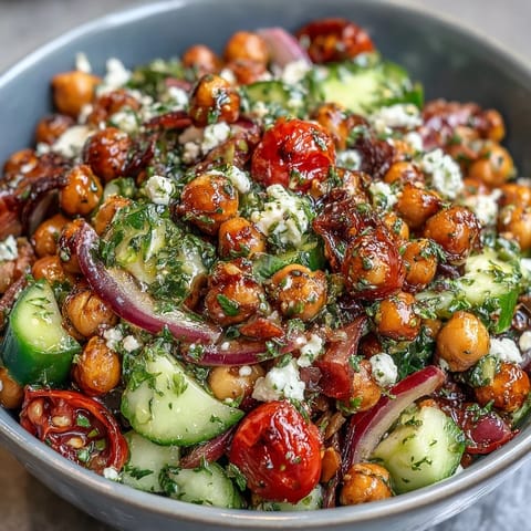 Refreshing cold chickpea salad featuring bright lemon-herb dressing, crisp cucumbers, and juicy cherry tomatoes—ideal for light lunches.